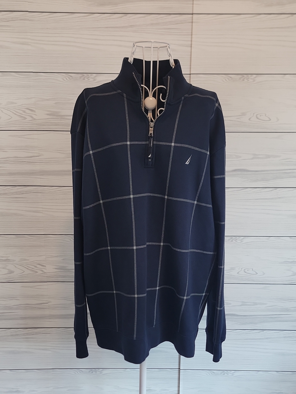 Nautica Pullover Men’s Navy 1/4 Zip-Up Windowpane Knit Size XL